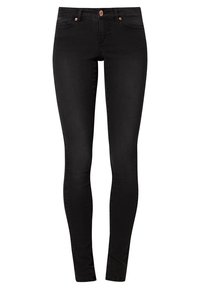 Svarta smala jeans i denim med medelhög midja, fem fickor och detaljer i kopparfärg. Slät textur, figursydd passform.