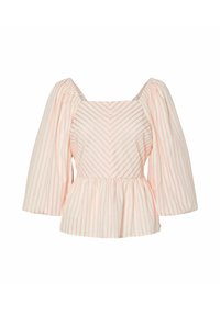 Blusa a righe rosa e bianche con scollatura quadrata, maniche a palloncino e vita a peplum svasato. Realizzata in tessuto leggero.