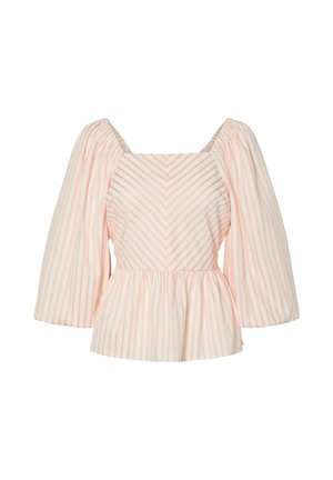 Růžovo-bíle pruhovaná blůza se čtvercovým výstřihem, nadýchanými rukávy a zvonovou peplum pasem. Vyrobena z lehkého materiálu.