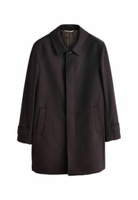 Ciemnobrązowy wełniany płaszcz z kołnierzowym dekoltem, pojedynczym zapięciem na guzik i dwoma przednimi kieszeniami; ma gładką teksturę i dopasowany krój.