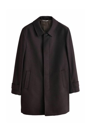 Tamsiai rudos vilnonės palto su apykakle, viena mygtuko uždarymo ir dviem priekinėmis kišenėmis; turi lygią tekstūrą ir pritaikytą siluetą.