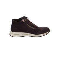 ciemno-brązowy zamszowy wysoki sneaker z brązowymi sznurowadłami, bocznym zamkiem błyskawicznym i białą podeszwą z jasnobrązowymi akcentami