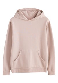 Hellbeiger Kapuzenpullover mit Kängurutasche, gerippten Bündchen und Saum, dargestellt auf weißem Hintergrund.