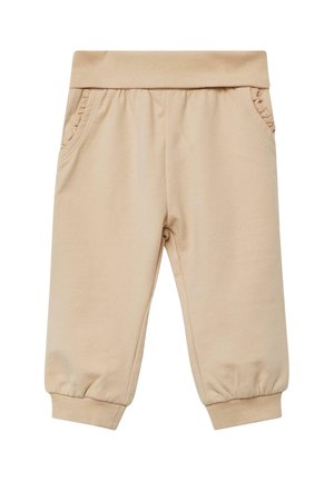 Pantalon beige pour tout-petit avec taille et poignets élastiqués, doté de poches latérales avec bordure à volants.