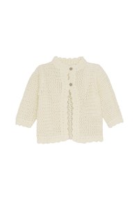 Strickjacke in Off-White mit gewelltem Kragen, 3/4-Ärmeln und zwei Knopfverschlüssen, ausgestattet mit einer offenen Webstruktur.