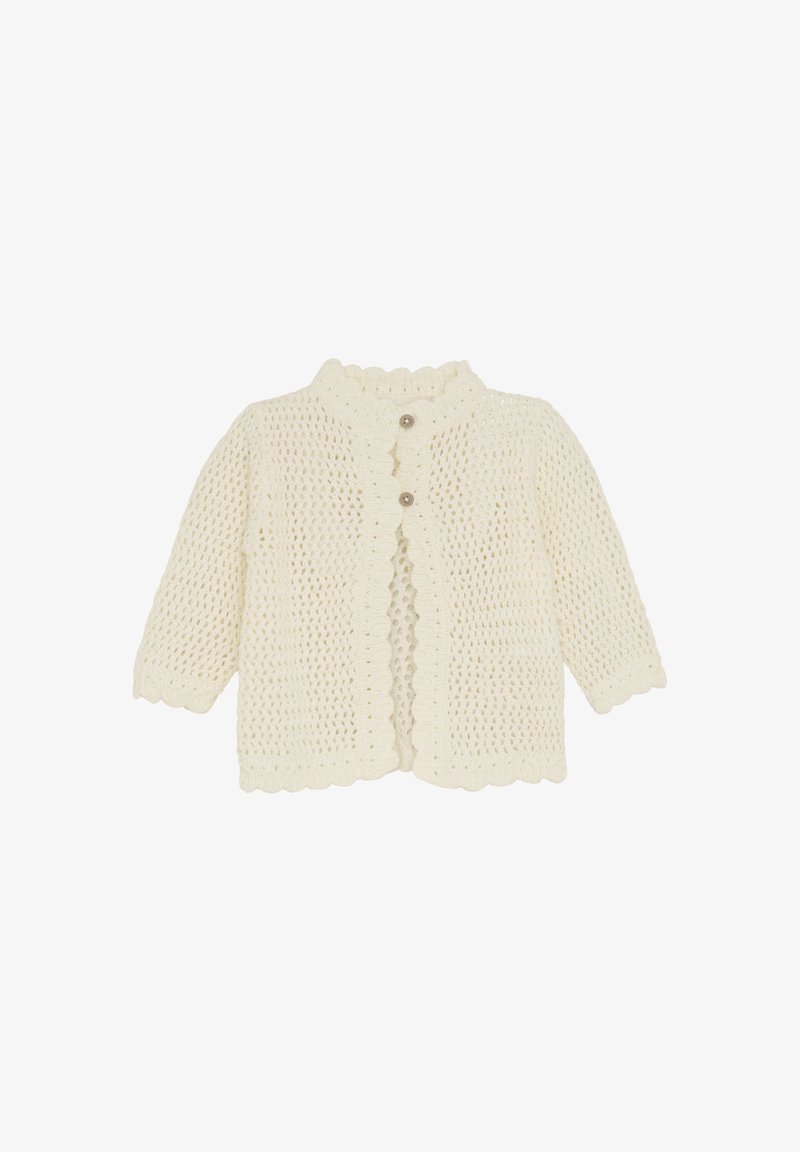 Strickjacke in Off-White mit gewelltem Kragen, 3/4-Ärmeln und zwei Knopfverschlüssen, ausgestattet mit einer offenen Webstruktur.
