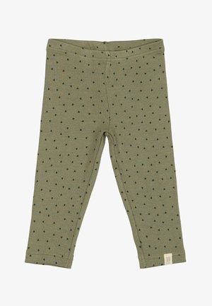Žalios briaunotos leggingų su mažų tamsiai žalių širdelių raštu. Su patogiu juosmeniu ir etikete su "PP" apačioje.