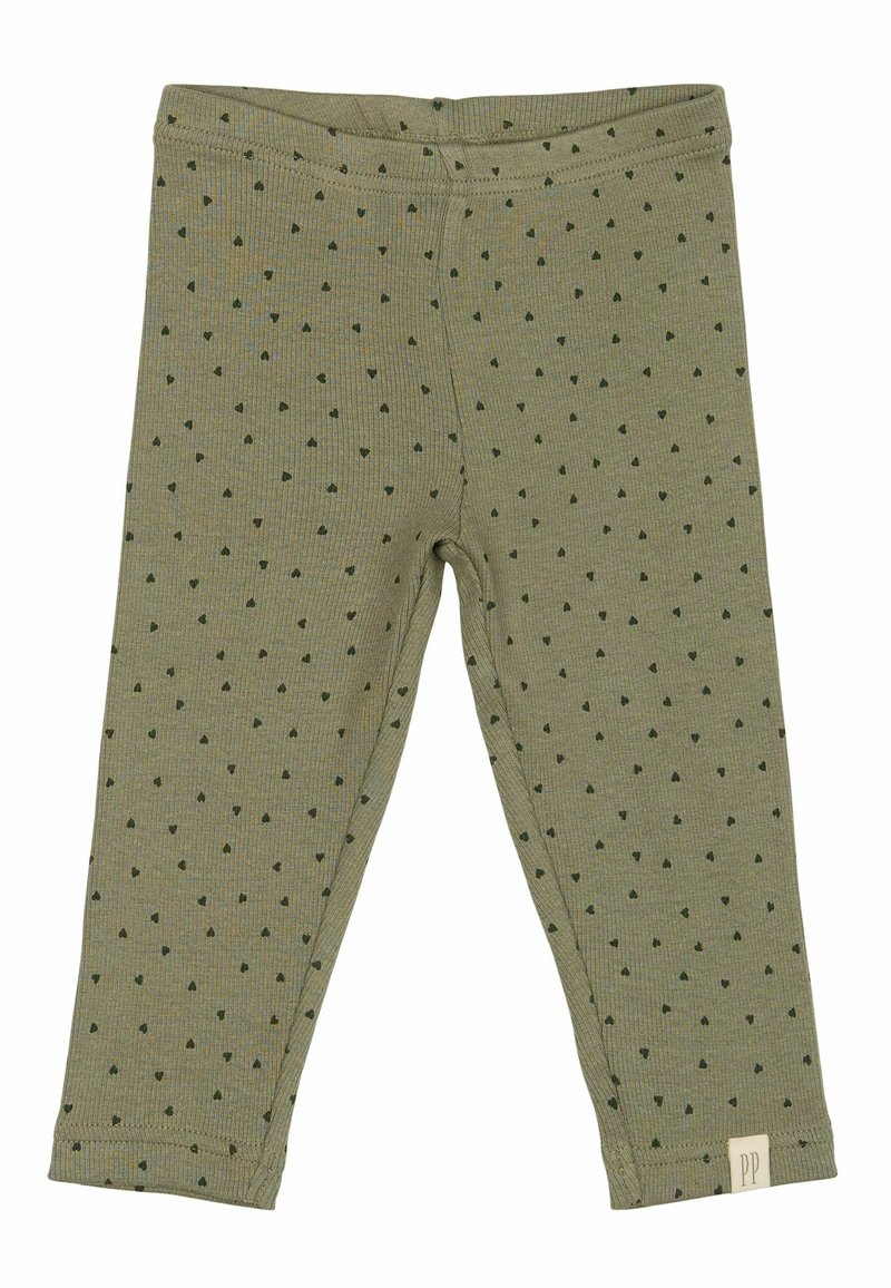Groene geribbelde leggings met een klein hartpatroon in donkergroen. Beschikt over een comfortabele tailleband en een label met "PP" aan de zoom.