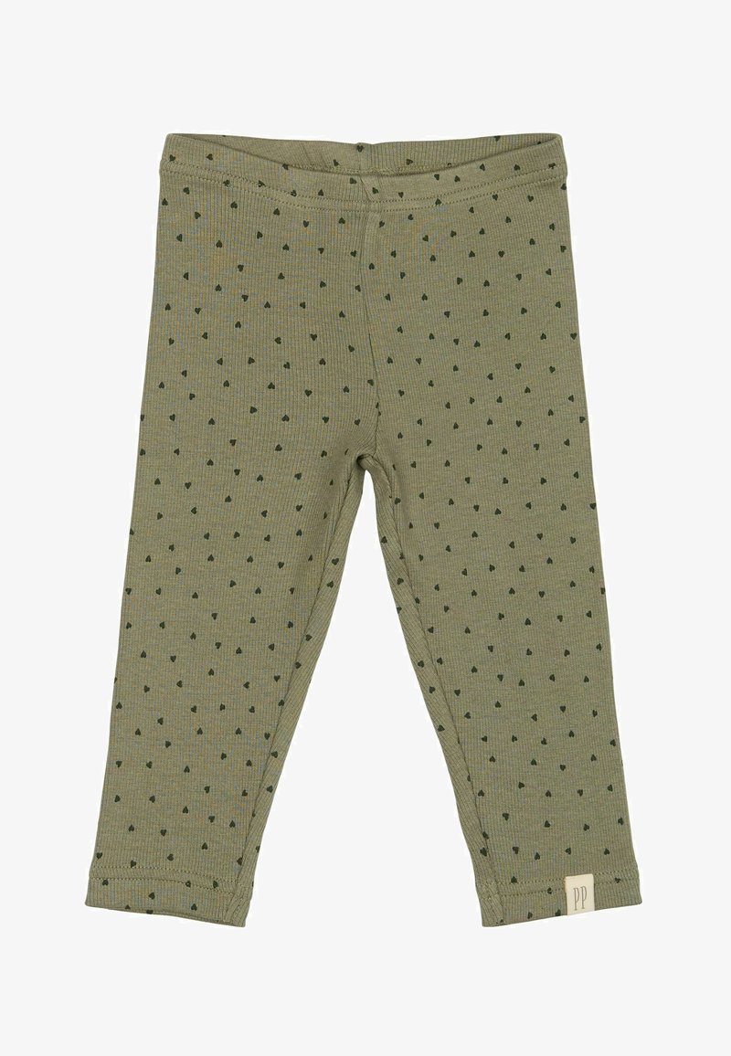 Grüne Ripp-Leggings mit einem kleinen Herzmuster in Dunkelgrün. Sie verfügen über einen bequemen Bund und ein Etikett mit "PP" am Saum.