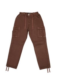 Pantalon cargo marron avec taille à cordon, poignets élastiques et deux poches latérales. Texture lisse et coupe décontractée.