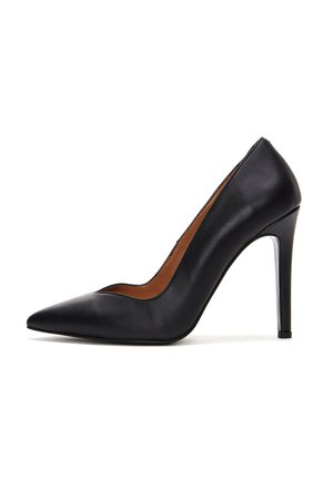 Black leather high heel pump with a pointed toe, a slight cut-out on the sides, and a metallic silver stiletto heel. Smooth texture.