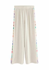 Pantaloni culotte beige con cintura elastica, impreziositi da un ricamo floreale colorato lungo le cuciture laterali e realizzati in un tessuto morbido e strutturato.