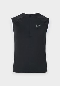 Top deportivo sin mangas negro con cuello alto, con un pequeño logo blanco de Nike en el pecho y detalles blancos contrastantes en las sisas.