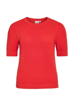 Pull rouge à manches courtes en maille avec un motif texturé, des poignets et un ourlet côtelés, et un col rond.
