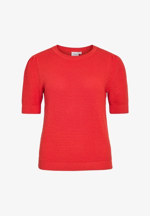 Rode gebreide trui met korte mouwen, een gestructureerd patroon, geribde boorden en zoom, en een ronde halslijn.