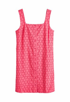 Rosa ärmelloses Kleid mit quadratischem Ausschnitt, Knopfleiste vorne und herzförmigem Lochstickmuster überall.