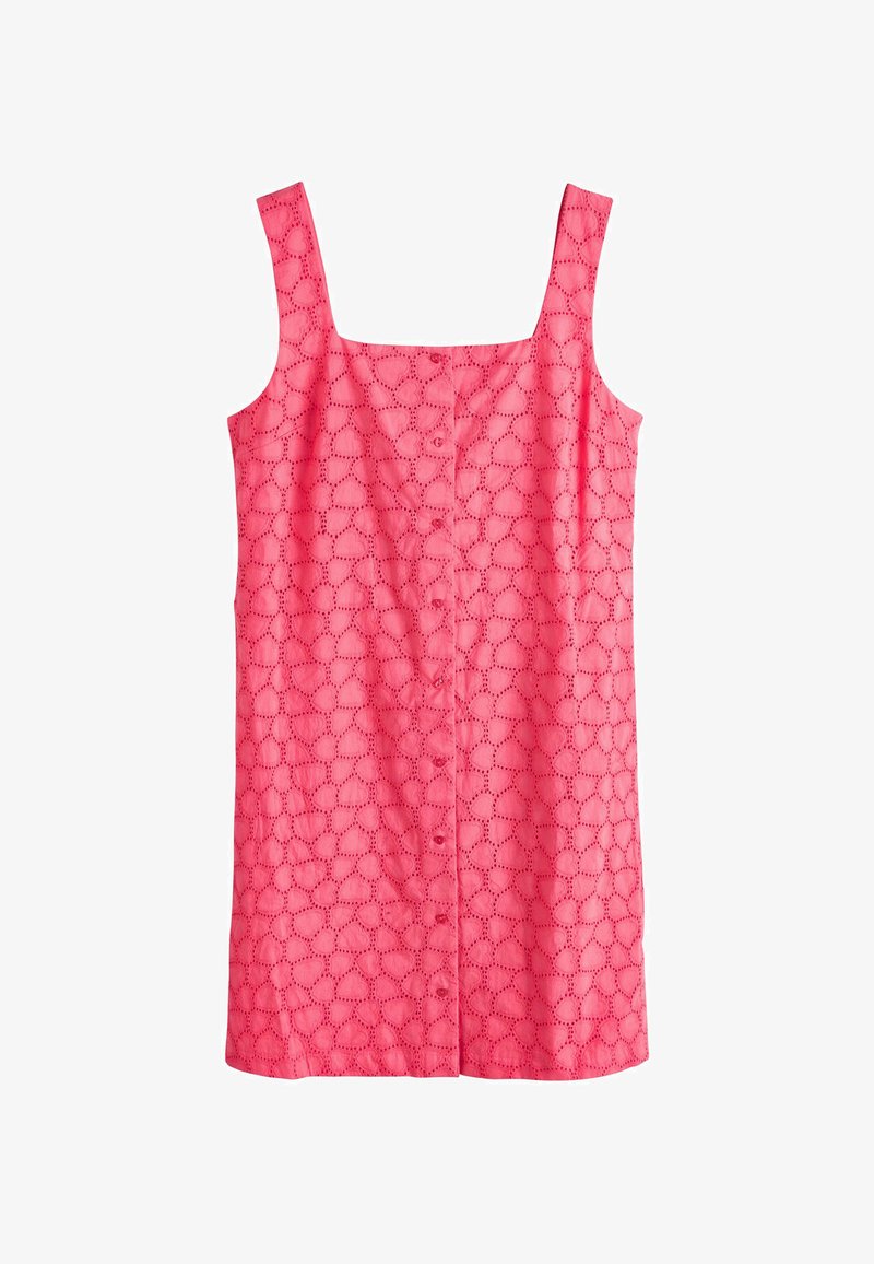 Robe rose sans manches avec encolure carrée, boutonnée à l'avant, ornée d'un motif brodé en forme de cœur avec des œillets sur toute la surface.