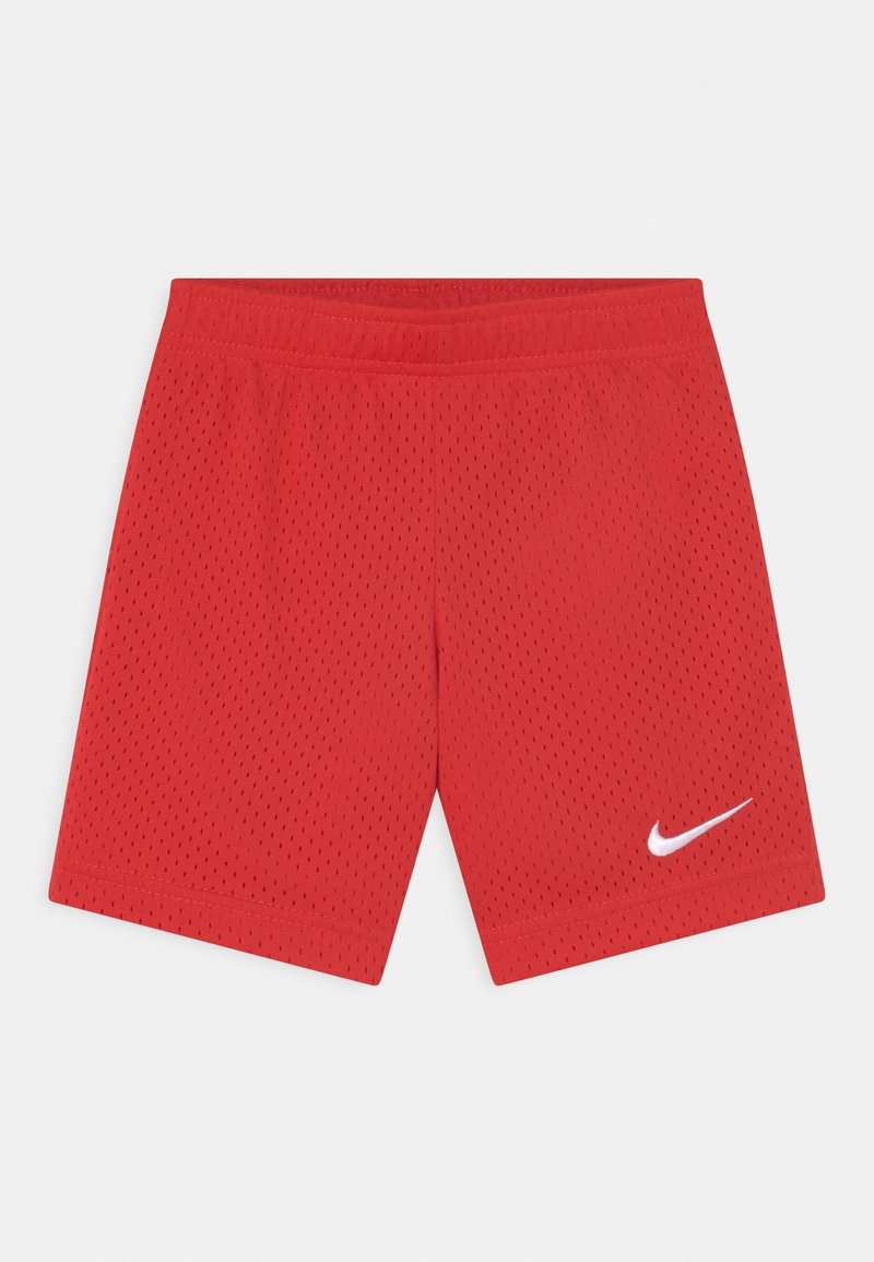Red mesh athletic shorts featuring a flat waistband, side ventilation holes, and a white Nike swoosh logo on the lower right.