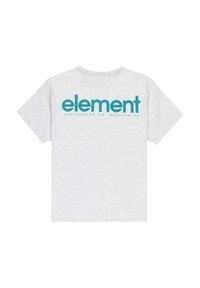 Lichtgrijze T-shirt met korte mouwen met turquoise "element" logo en de tekst "skateboard co. worldwide" op de achterkant.