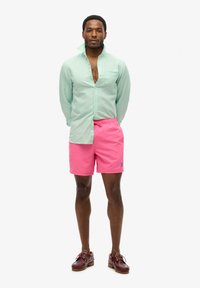 Camicetta verde chiaro con bottoni, pantaloni corti rosa con elastico in vita e scarpe da barca marroni. La camicia è fuori dai pantaloni; il look è informale.