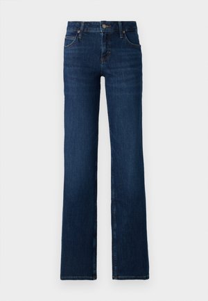 Dunkelblaue Schlagjeans aus Denim. Mit einem gestickten Bund, fünf Taschen und einem Reißverschluss mit Metallknopfverschluss.