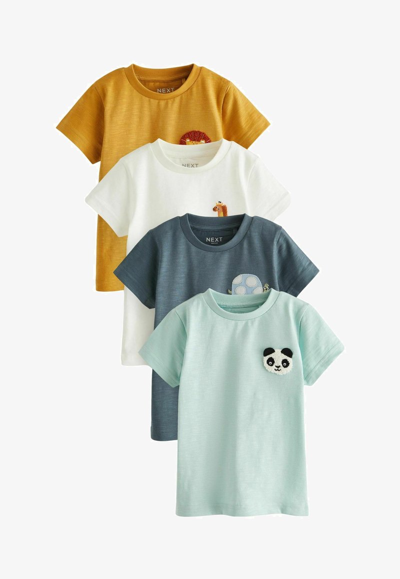 Vier Kurzarm-T-Shirts: senfgelb mit Löwenstickerei, weiß mit Eichhörnchen, marineblau mit Schildkröte, mintgrün mit Panda-Applikation.