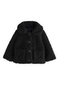 Black, textured teddy coat with a collar, four front buttons, and two side pockets. Soft, fuzzy material with a loose fit.