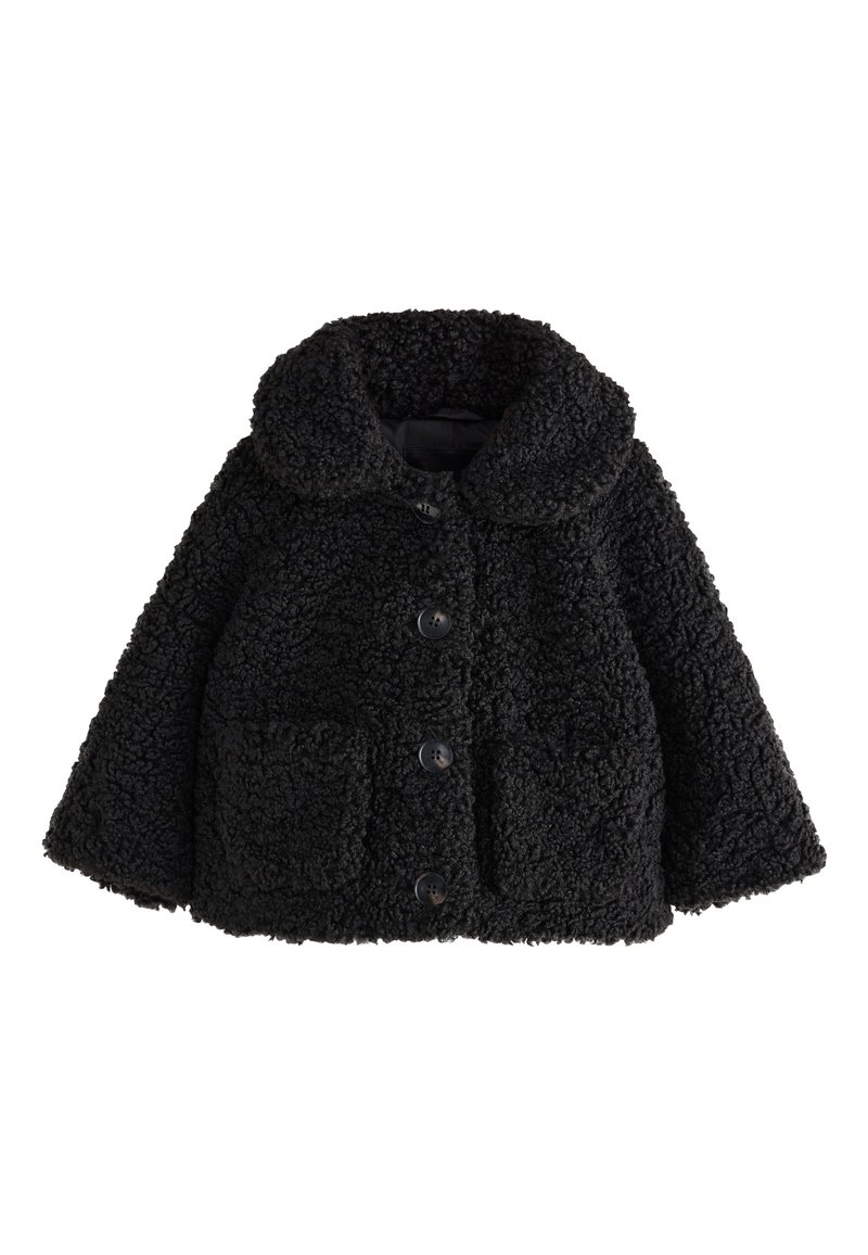 Black, textured teddy coat with a collar, four front buttons, and two side pockets. Soft, fuzzy material with a loose fit.