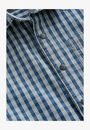 Blauw en wit geblokt overhemd met een knoopsluiting en zwarte knoppen, gemaakt van katoen, met een gladde textuur.