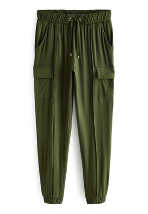 Groene cargobroek met een elastische tailleband, trekkoord en twee zijzakken; taps toelopende benen met elastische boorden; gladde stofstructuur.