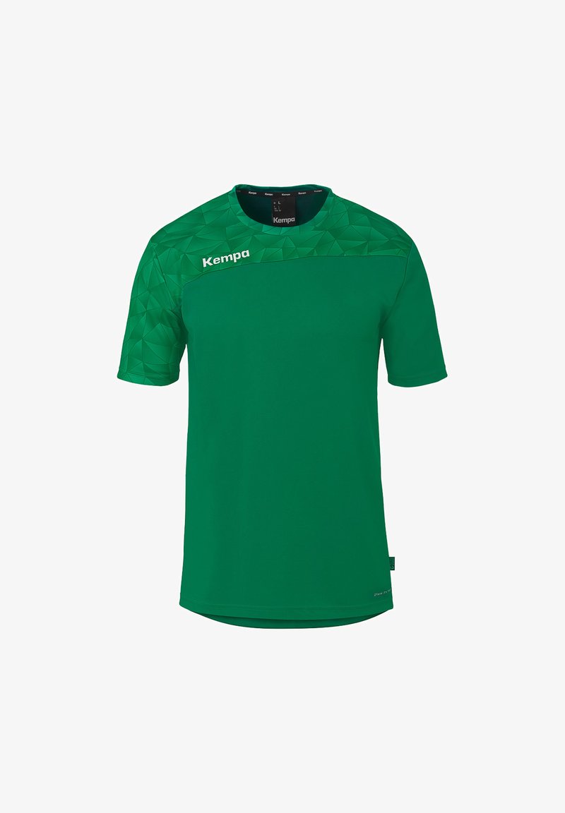 T-shirt de sport vert à manches courtes avec motif géométrique sur le haut de la poitrine et l'épaule, arborant le logo blanc "Kempa" sur la poitrine gauche.