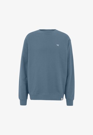 Blaues Sweatshirt mit Rundhalsausschnitt und langen Ärmeln, kleines weißes gekreuztes Ruder-Logo auf der linken Brustseite, mit gerippten Bündchen und Saum.