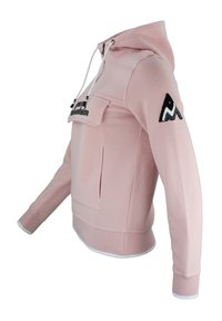 Rosa hoodie i mjuk kvalitet med en framficka, vita dragsnören och svart logotyp på ärmen. Ribbad detalj på ärmar och nederkant.