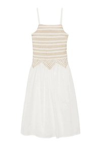 White dress with a fitted bodice featuring a geometric pattern in beige and thin straps. The skirt is A-line with a smooth texture.