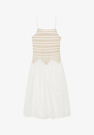 Biele šaty s priliehavým korzetom, ktorý je zdobený geometrickým vzorom v béžovej farbe a tenkými ramienkami. Sukňa má A-silhouette a hladkú textúru.