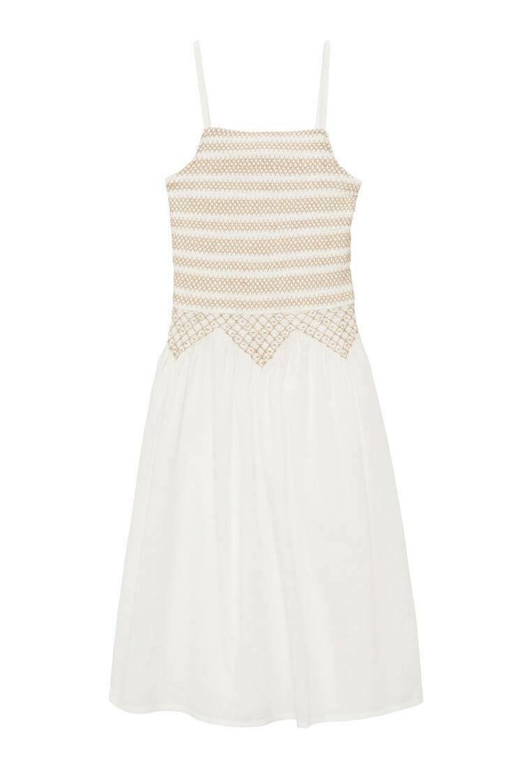 White dress with a fitted bodice featuring a geometric pattern in beige and thin straps. The skirt is A-line with a smooth texture.