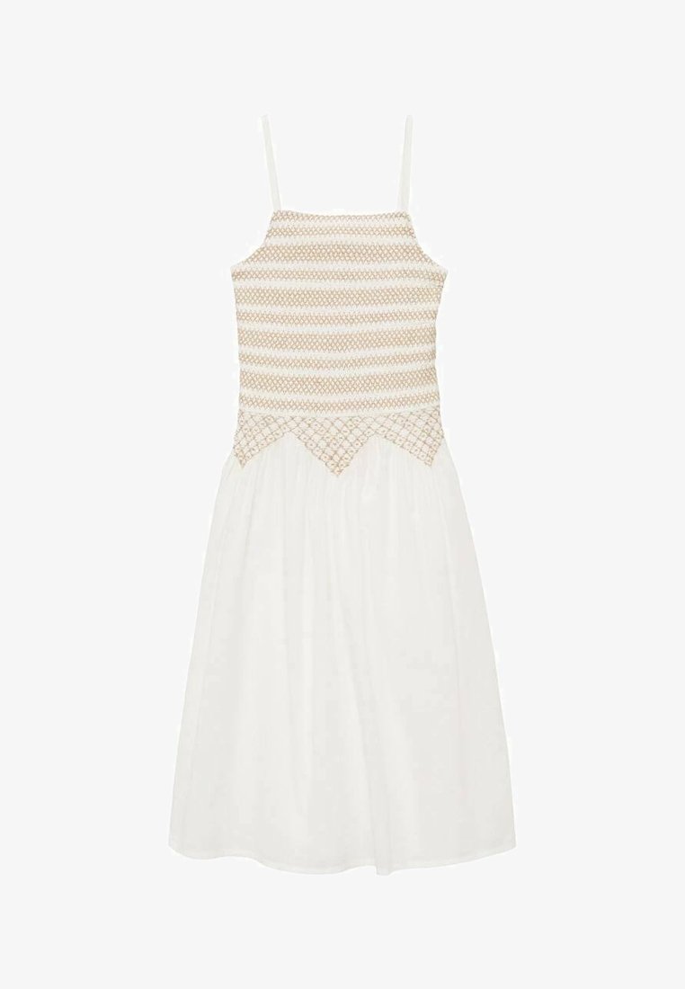 Rochie albă cu un corset ajustat, având un model geometric în bej și bretele subțiri. Fusta este în formă de A, cu o textură netedă.