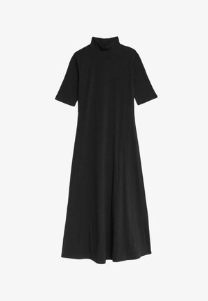 Schwarzes Midi-Kleid mit kurzen Ärmeln, hohem Kragen und fließendem A-Linien-Schnitt. Hergestellt aus glattem, elastischem Stoff für optimalen Tragekomfort.