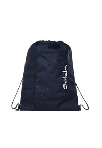 Zugbörtel-Aktivtasche in Marineblau mit einem Sternenmuster. Verfügt über eine vordere Reißverschlusstasche und ein weißes Logo. Hergestellt aus strapazierfähigem, leichtem Material.