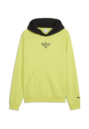 Lys gul hoodie med sort hætte, med et centralt logo af vinger og nummeret "1", samt en frontlomme.