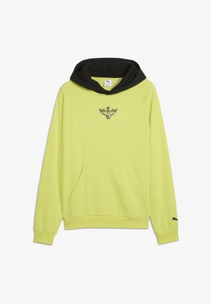 Jasnożółta bluza z kapturem w czarnym kolorze, z centralnym logo skrzydeł i numerem "1", oraz z kieszenią z przodu.