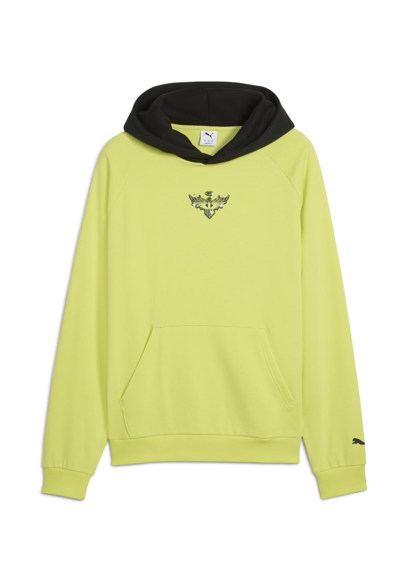 Lys gul hoodie med sort hætte, med et centralt logo af vinger og nummeret "1", samt en frontlomme.