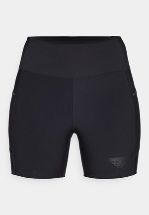 Black athletic shorts with a high waistband, made of stretchy fabric. Features include a logo on the side and discreet side pockets.