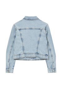 Light blue denim jacket with long sleeves, buttoned cuffs, and a pointed collar. Features a structured design and visible stitching accents.