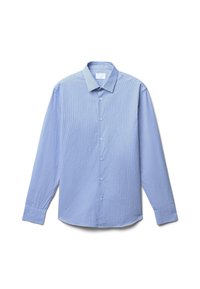 Helleblaues Langarmhemd mit vertikalen weißen Streifen, button-down Kragen, vorderen Knöpfen und Manschettenärmeln. Glatte Stofftextur.