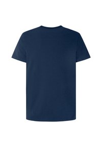 T-shirt in cotone blu navy con colletto rotondo, maniche corte e schiena liscia. Tessuto liscio, senza loghi o motivi visibili.