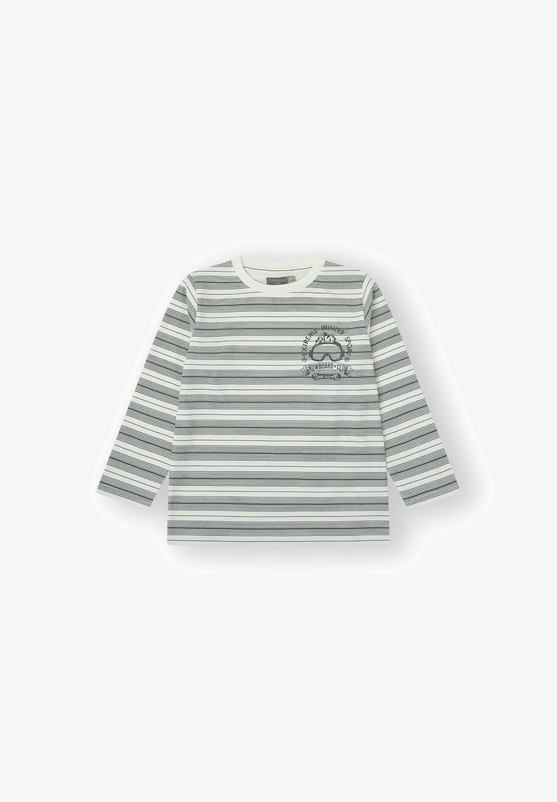 Camiseta de manga larga con rayas horizontales en gris y blanco, cuello redondo y un detalle de logotipo impreso en el pecho. Tejido de algodón suave.