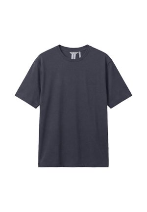 Donkergrijs T-shirt met korte mouwen en ronde hals, voorzien van een subtiel reliëflogo op de linkerborst en een stoffen label aan de binnenkant van de kraag.