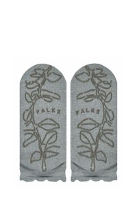 Calze di cotone grigie con un design botanico in marrone scuro, con il testo "FALKE". Parte superiore arrotondata e texture a coste.