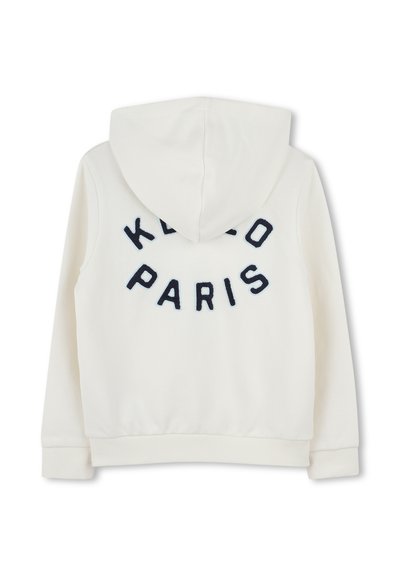 Felpa bianca con cappuccio, caratterizzata da testo ricamato blu navy "KENZO PARIS" sulla schiena. Realizzata in tessuto morbido con polsini e orlo a coste.